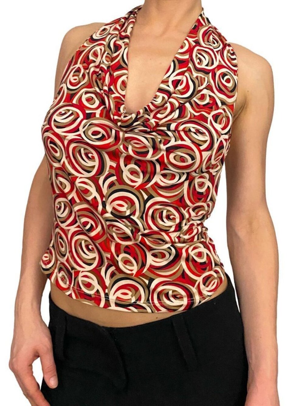y2k 2000s red and black swirl draped cowl neck halter top